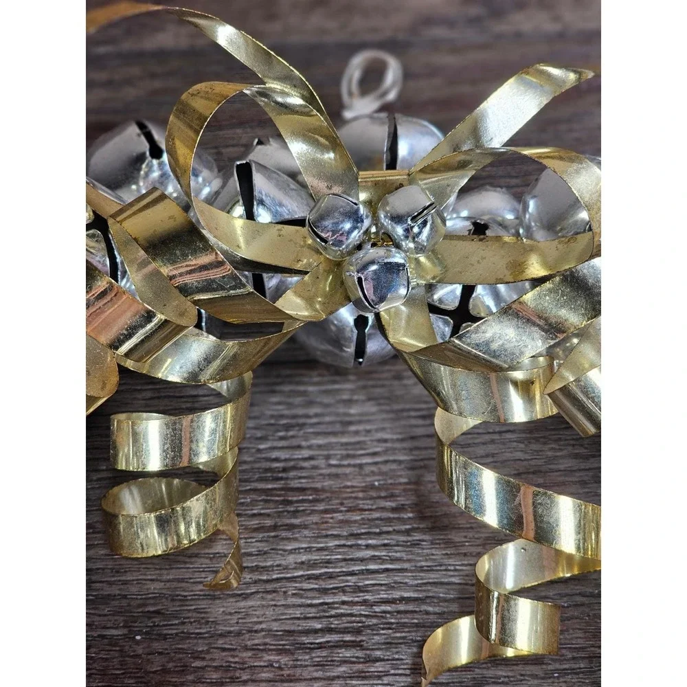 Vintage Silver Jingle Bell Wreath Gold Bow Christmas Door Decor